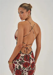 Red Floral Maxi Dress with Cowl Neck & Tie Back Mssaz Desses
