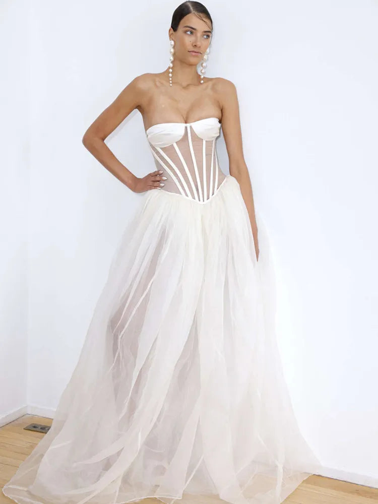 Strapless Mesh White A Line Maxi Long Dress Mssaz Desses