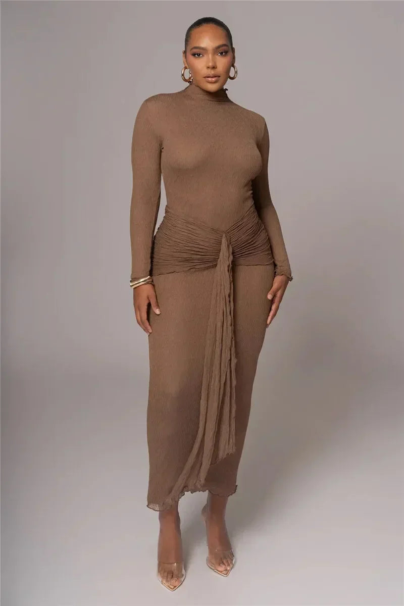 Long Sleeve Drape Turtleneck Maxi Dress Mssaz Desses