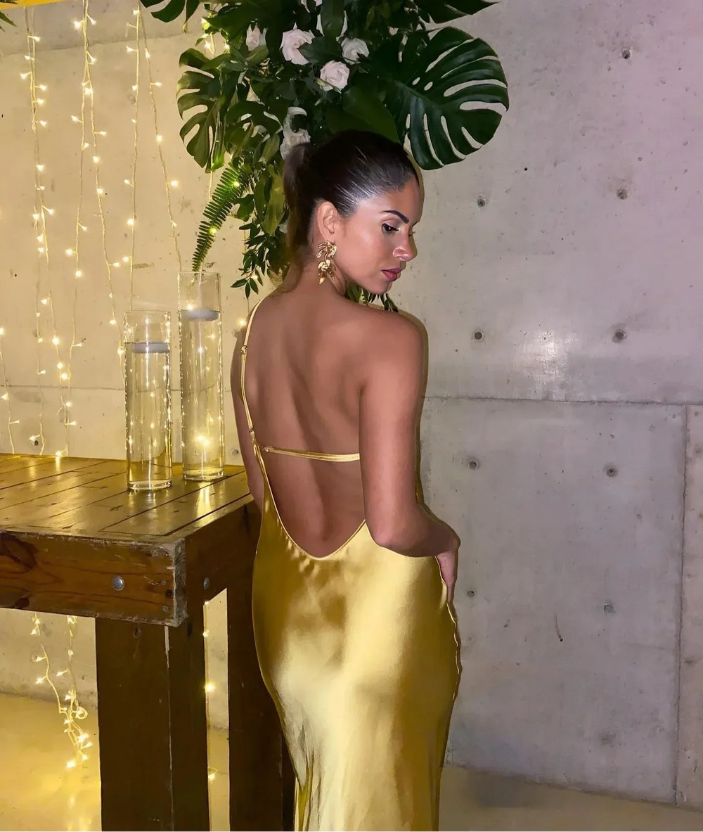 Backless Satin Slant Shoulder Solid Slit Long Dress Mssaz Desses