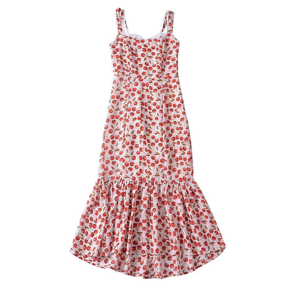 Cherry Print Ruffles Hem Trumpet Midi Dress Mssaz Desses