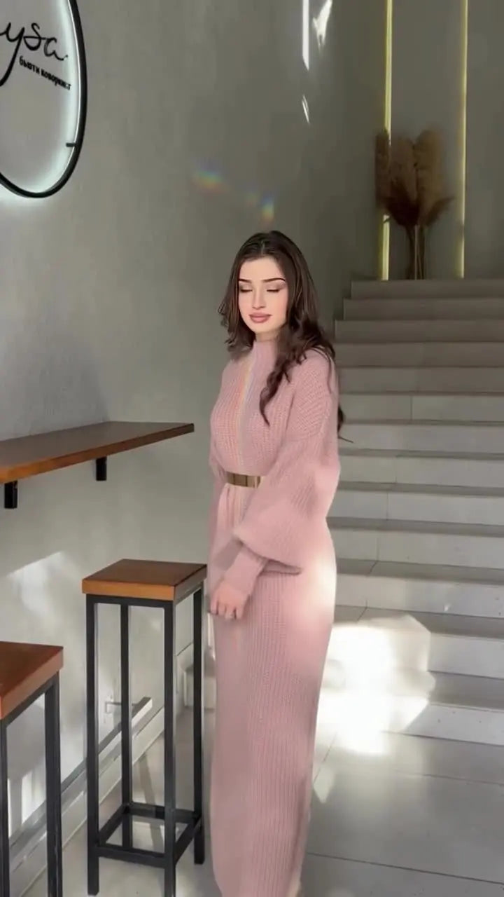 Turtleneck Pullover Solid Sweater Dress With Belt Mssaz Desses