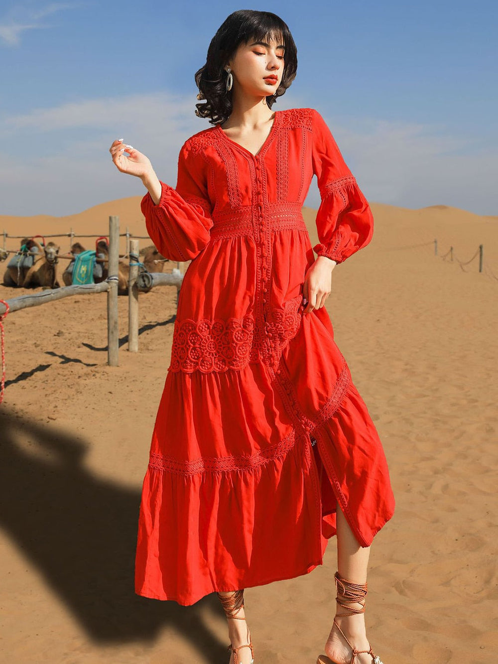 Cotton Patchwork Lace Dresses V-Neck Lantern Sleeve Maxi Dress Mssaz Desses