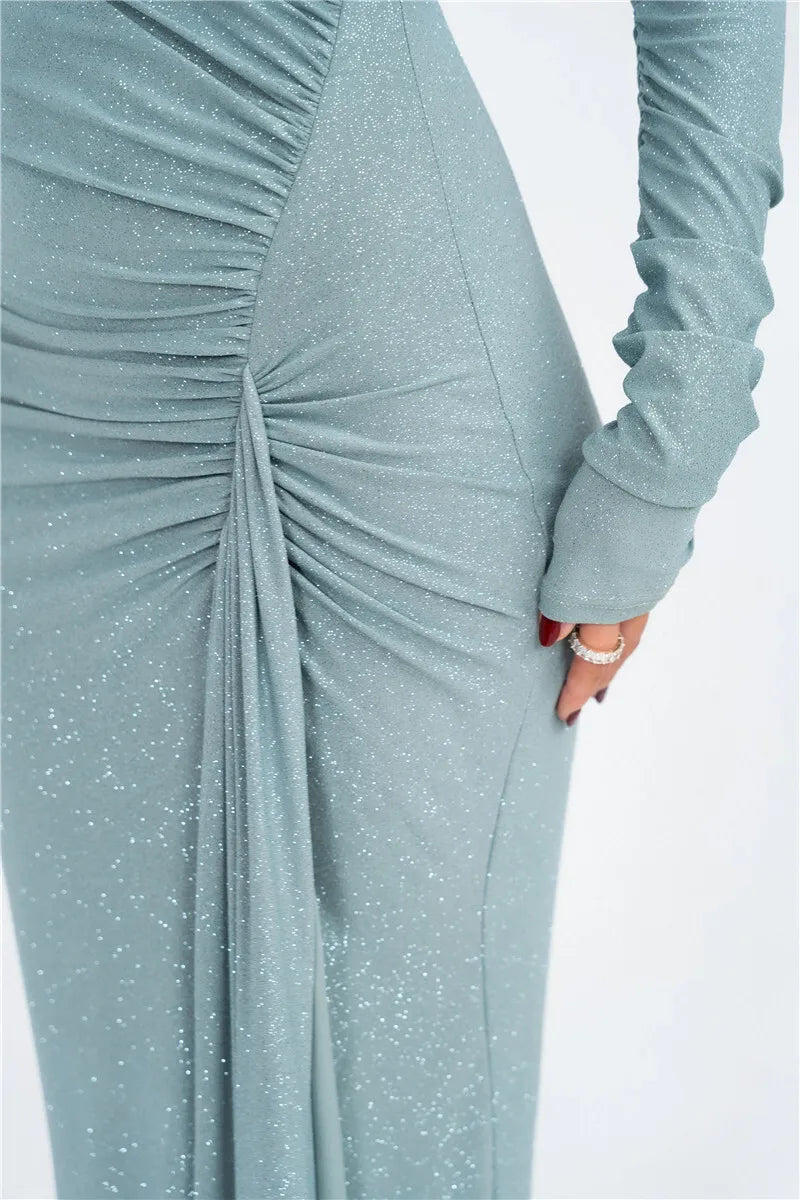 Long Sleeve Ruched Maxi Dress with Thigh-High Split Mssaz Desses