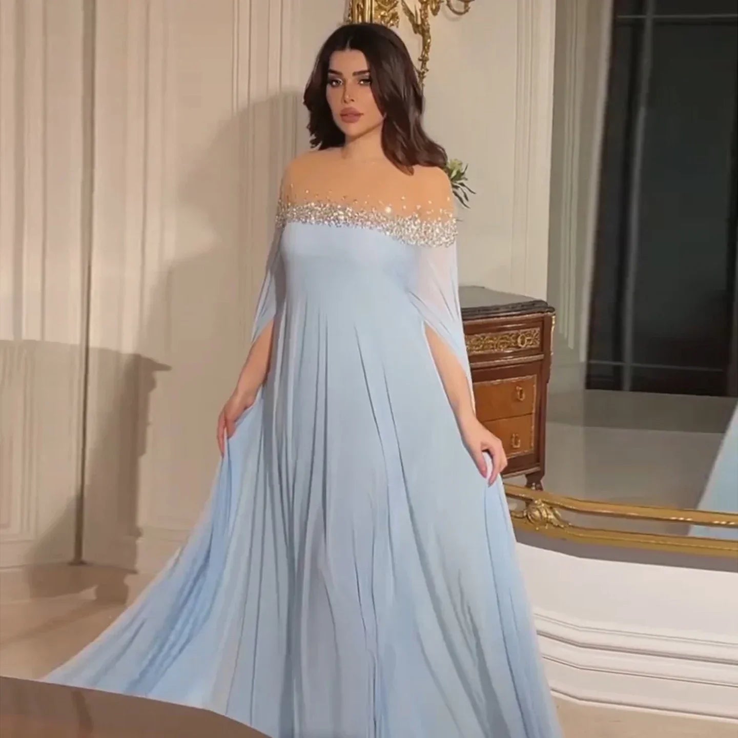 Crystal Baby Blue Evening Dress with Cape| Kaftan Gowns| Customized Mssaz Desses