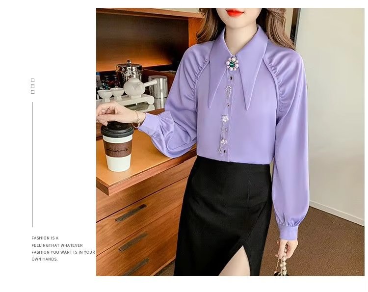 Beading Diamonds Korean Single-breasted  Elegant Lapel Shirt Mssza