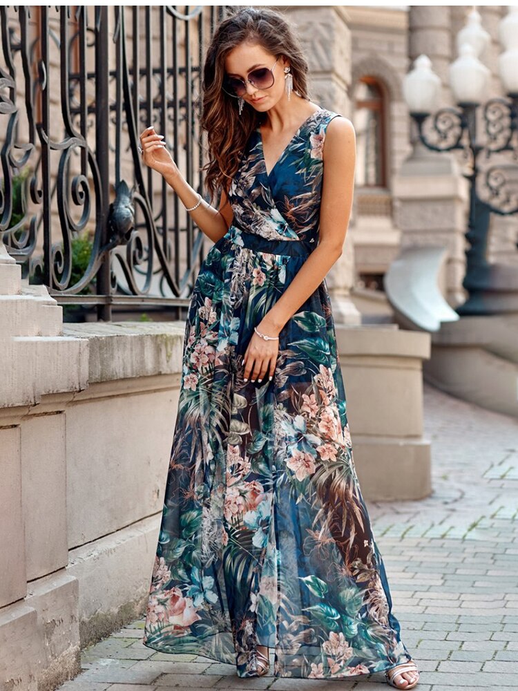 Chiffon Floral Print V-neck Sleeveless Beach Party Dress Mssaz Desses