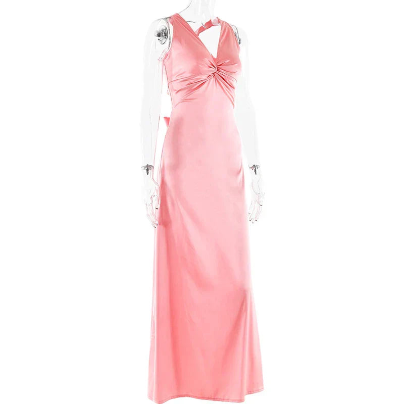 V Neck Sleeveless Satin Bow Backless Maxi Dress Mssaz Desses