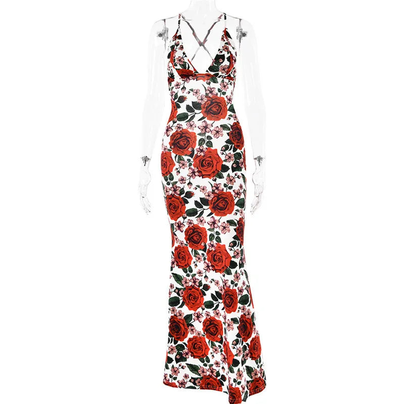 Red Floral Maxi Dress with Cowl Neck & Tie Back Mssaz Desses
