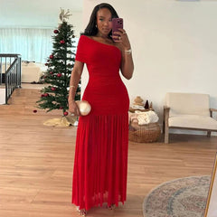 One Shoulder Mesh Solid Maxi Dress Mssaz Desses