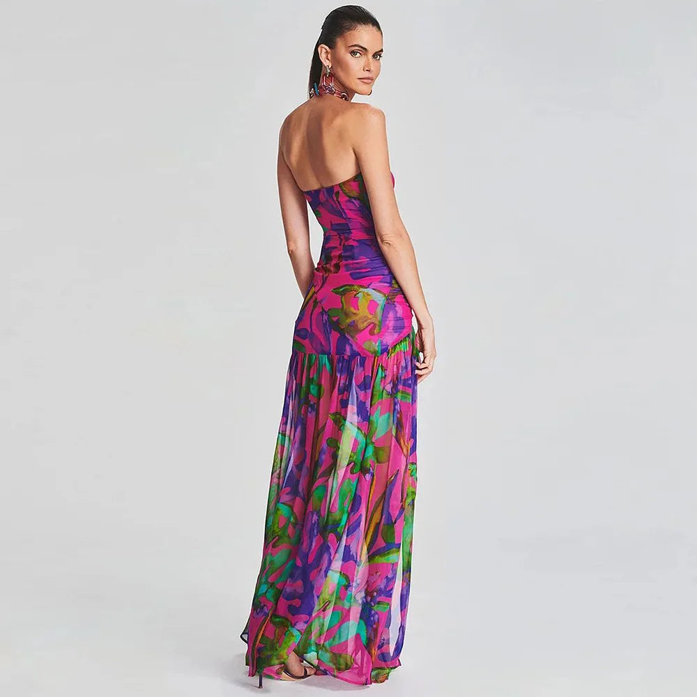 Strapless Retro Print Split Long Dress Mssaz Desses