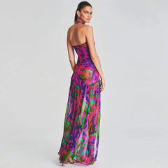 Strapless Retro Print Split Long Dress Mssaz Desses
