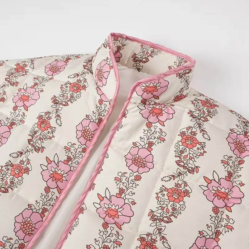 Pink Flower Print Stand neck Quilted Jacket Mssaz Desses