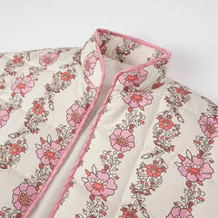 Pink Flower Print Stand neck Quilted Jacket Mssaz Desses