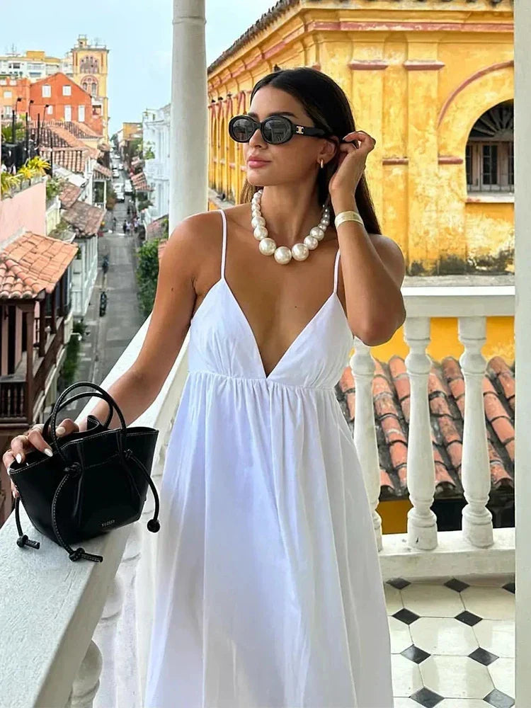 Backless Midi Dress Camisole Chic V-Neck & Easy Fit Mssaz Desses