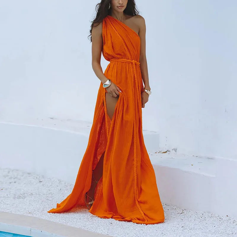 Solid Split Pleated Bandage Long Dress Mssaz Desses