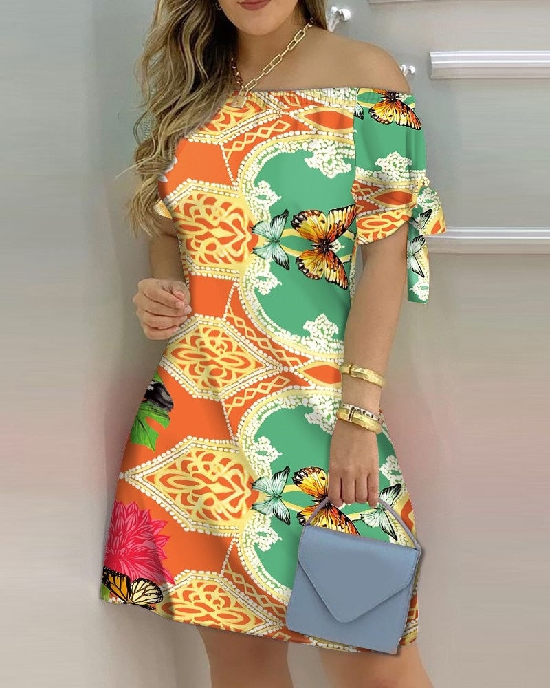 Off Shoulder  Mini Dress Short Sleeve Bow Tie Striped Plaid Floral Vestidos Mssaz Desses