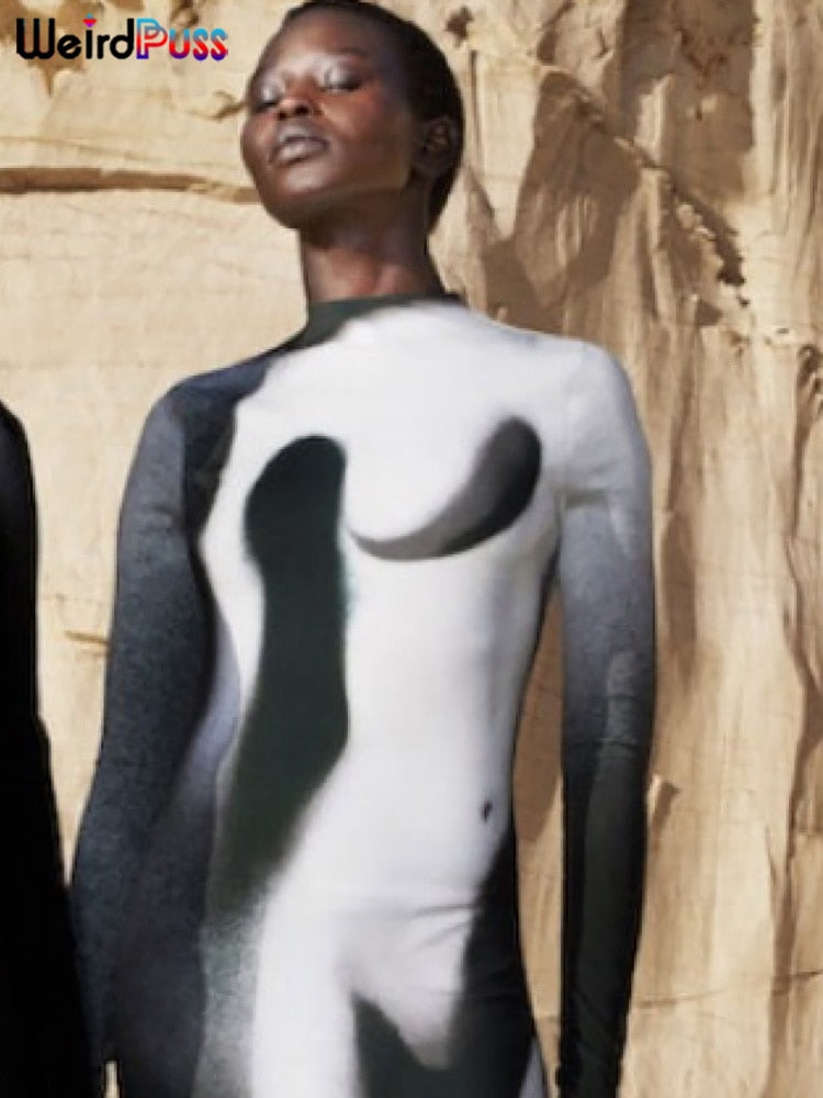 Weird Puss Gradient Maxi Dress Skinny Stretchy Long Sleeve O-Neck Trend Bodycon Mssaz Desses