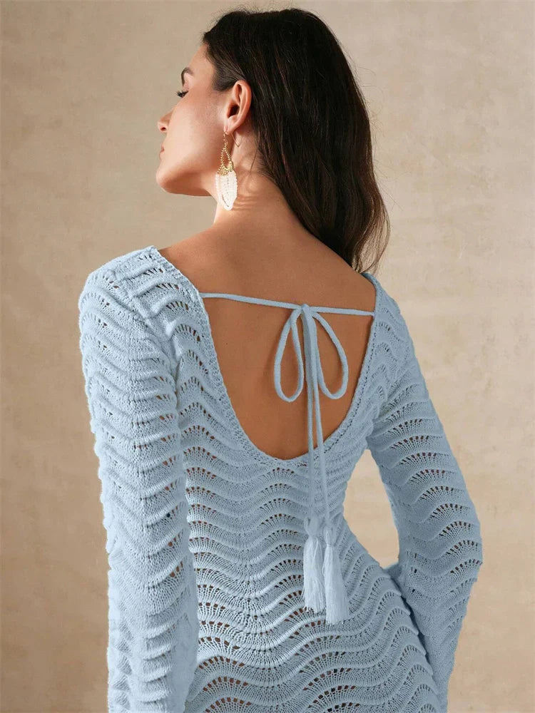 Knit Hollow-Out Loose Patchwork Lace-Up  Dress Mssaz Desses