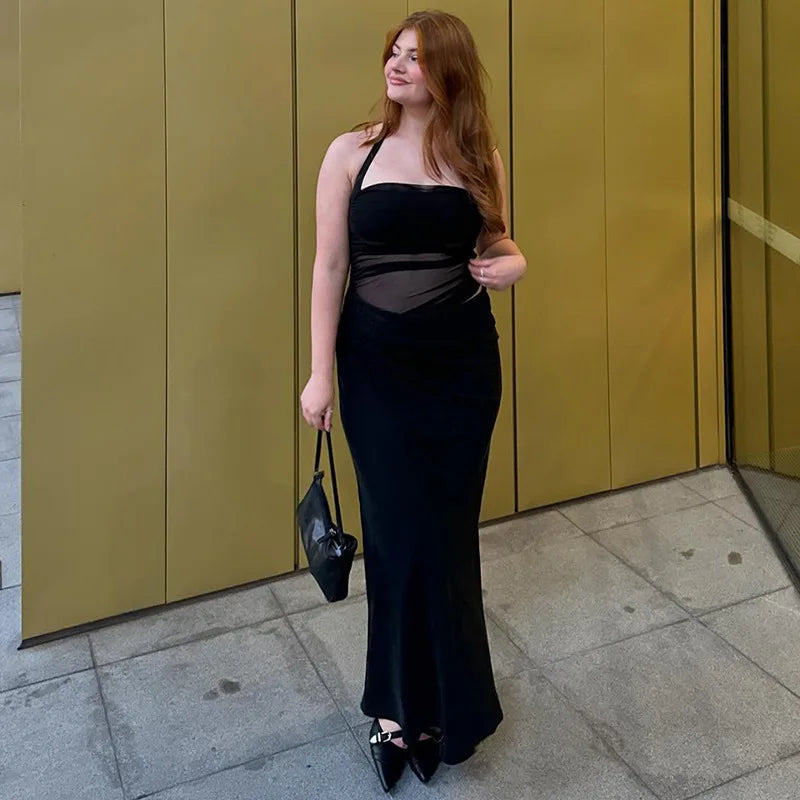 Mesh Patchwork Backless Halter Bodycon Gown Mssaz Desses