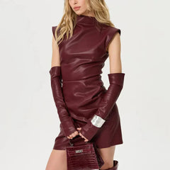 Faux Leather Zipper Sleeveless Short Dress With Gloves Mssaz Desses