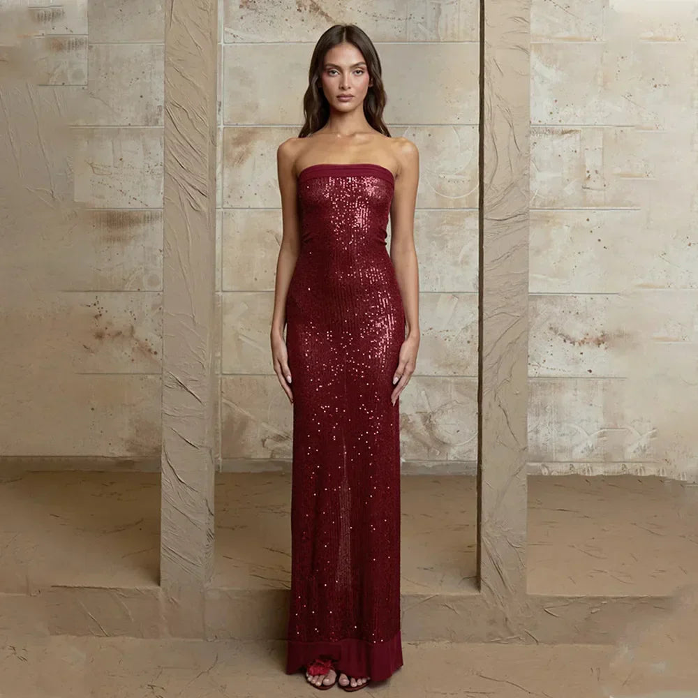 Strapless Sequin Slit Backless Dress Mssaz Desses