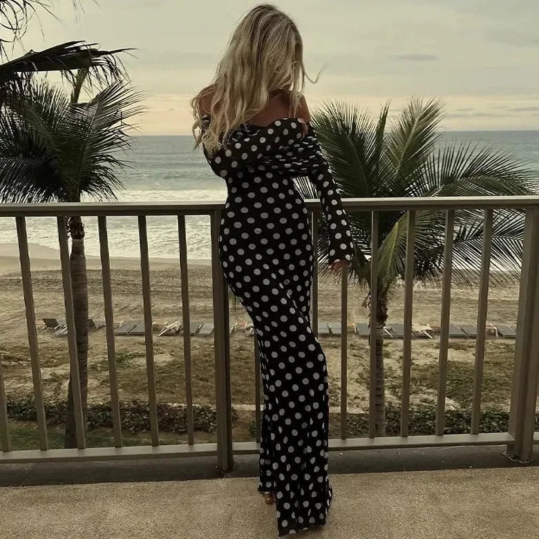 Polka Dots Off Shoulder Long Sleeves Maxi Dress Mssaz Desses