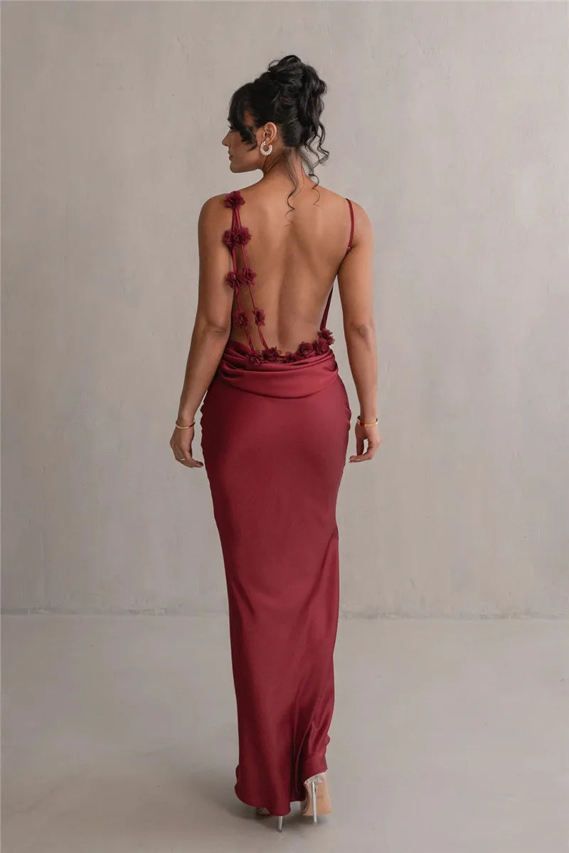 3D Flower Draped Open Back Maxi Dress Mssaz Desses
