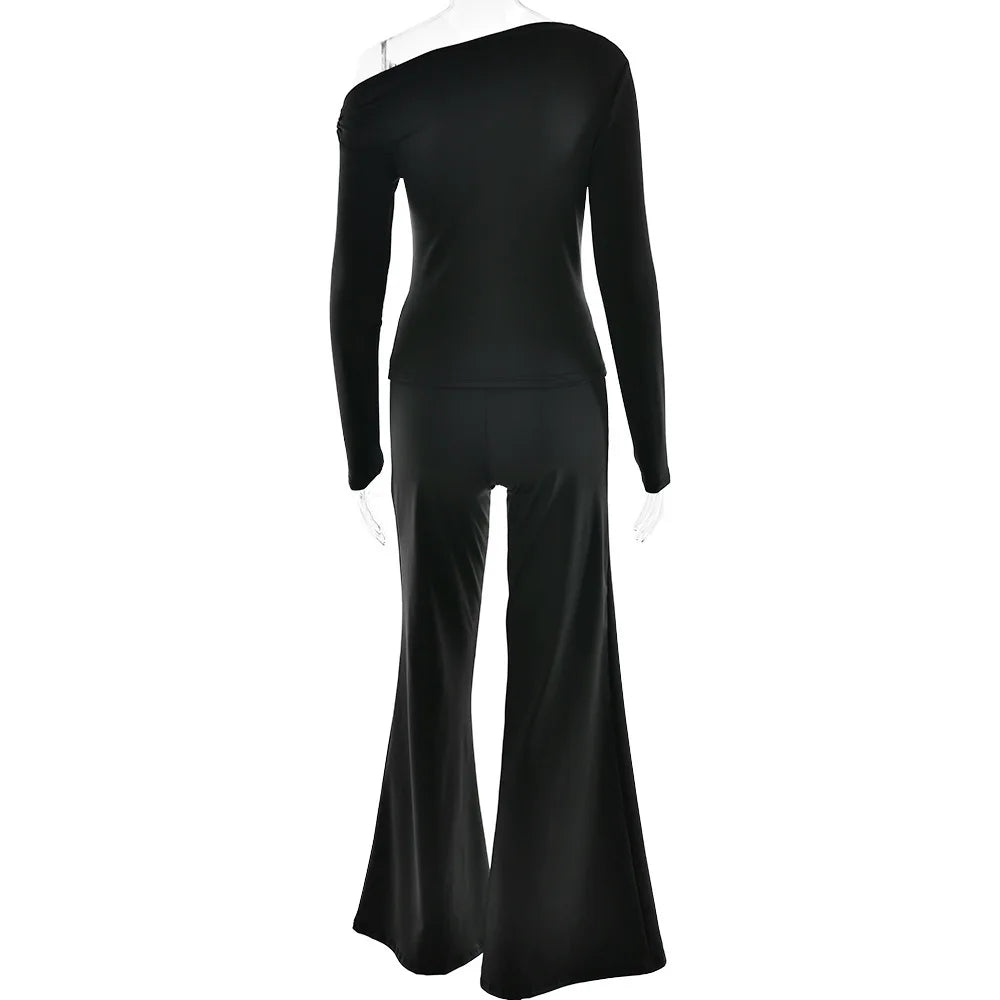 One Shoulder Flare Sleeve Top Long Pant Suit Mssaz Desses