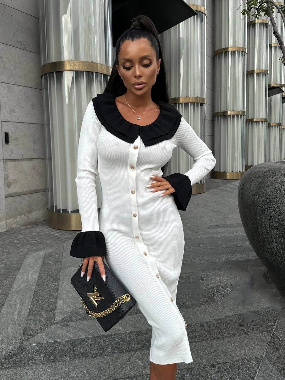 Patchwork Contrast Ribbed Midi Dress Mssaz Desses