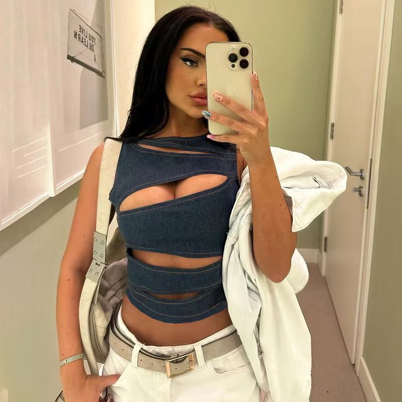 Round Neck Vest Hollow Slim Vest Sleeveless Top Mssza