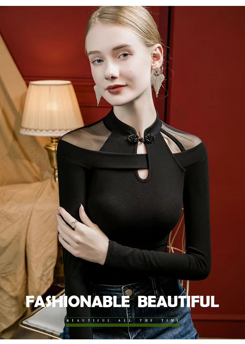 Vintage Irregular Mesh Long Sleeve Unique Qipao Base Collarbone Tops T-Shirt Mssza