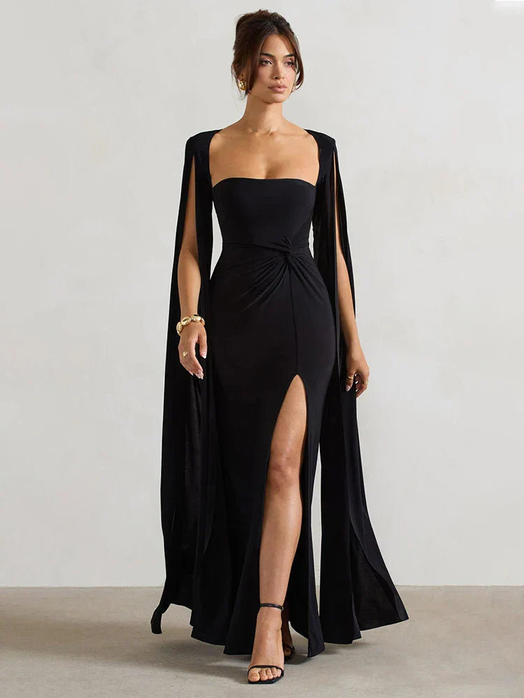 Elegant Cape Sleeve Maxi Dress with High Split Mssaz Desses