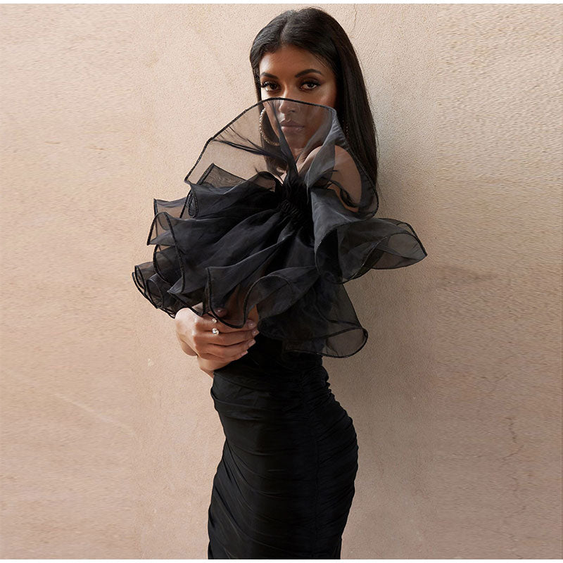 Mesh Ruffle Sleeve Tube Backless Bodycon Dress Mssaz Desses