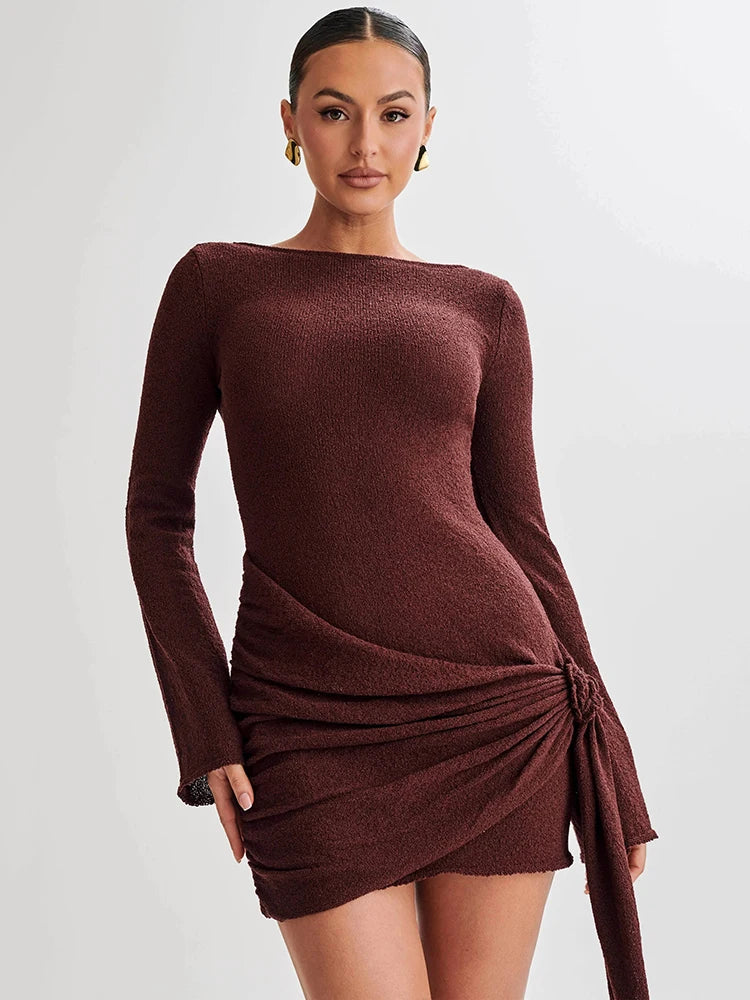 Floral Draped Open Back Knit Long Sleeve Mini Dress Mssaz Desses