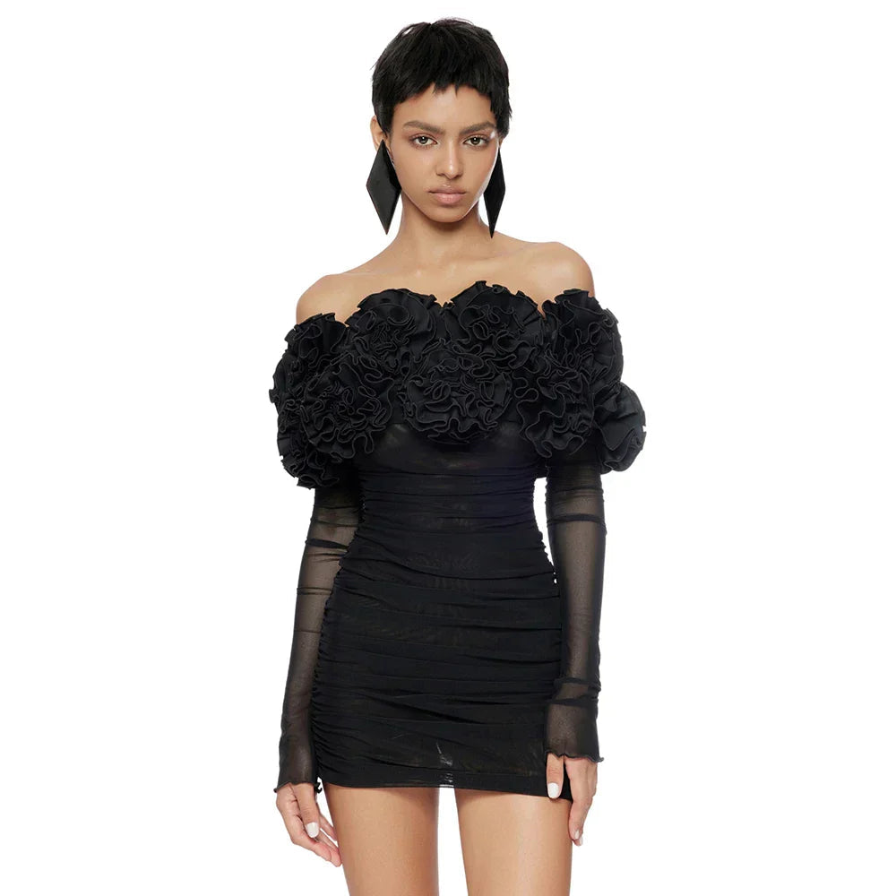 Black Mesh Full Sleeve Ruffles Mini Dress Mssaz Desses