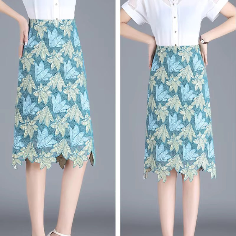 Elegant 3D Leaves Embroidery Patchwork Crochet Lace Midi Pencil Skirt Mssza