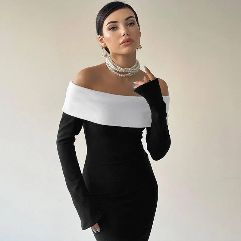 Black & White Off-the-Shoulder Maxi Dress with Long Sleeves Mssaz Desses