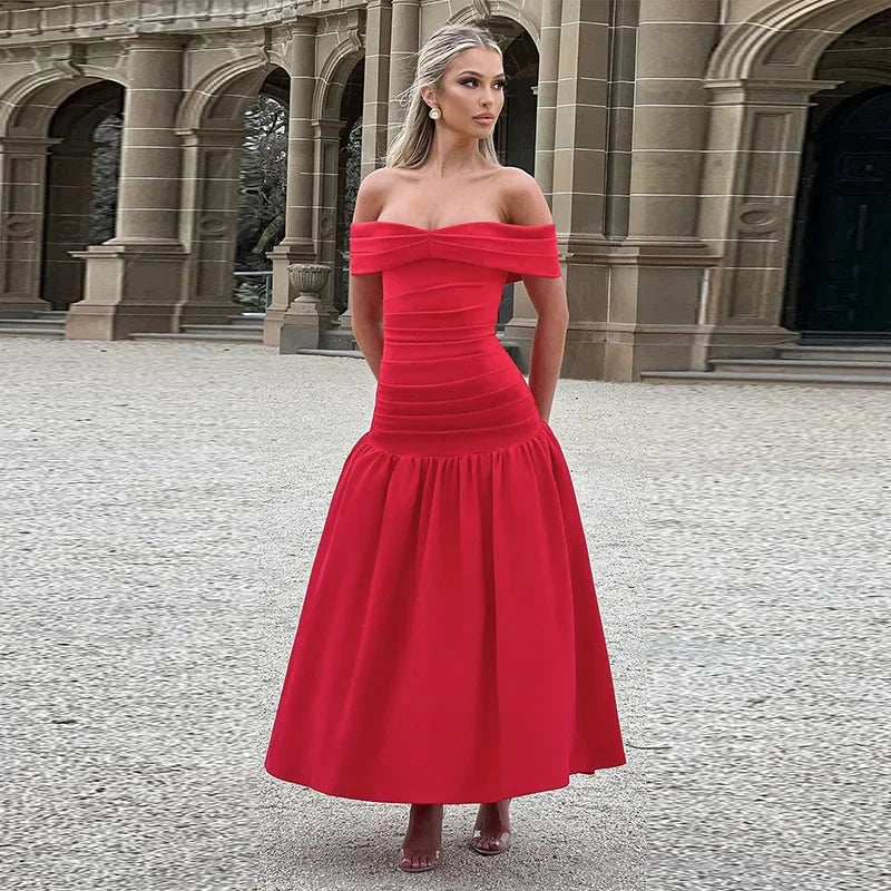 Slash Neck Off Shoulder Solid Dress Mssaz Desses