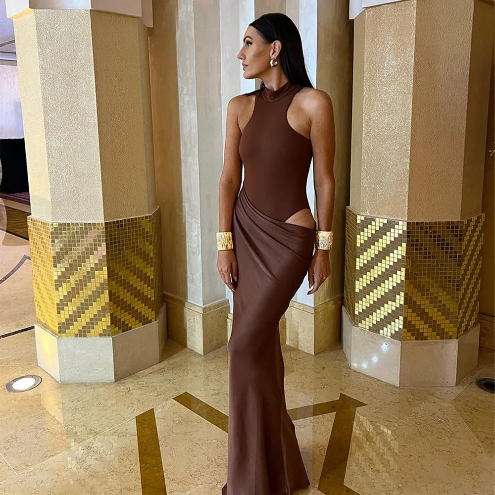 Satin Sleeveless High Neck Dress Mssaz Desses