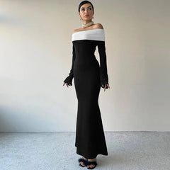 Black & White Off-the-Shoulder Maxi Dress with Long Sleeves Mssaz Desses