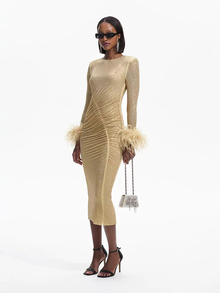 Feathers Rhinestone Folds Midi Dress Mssaz Desses