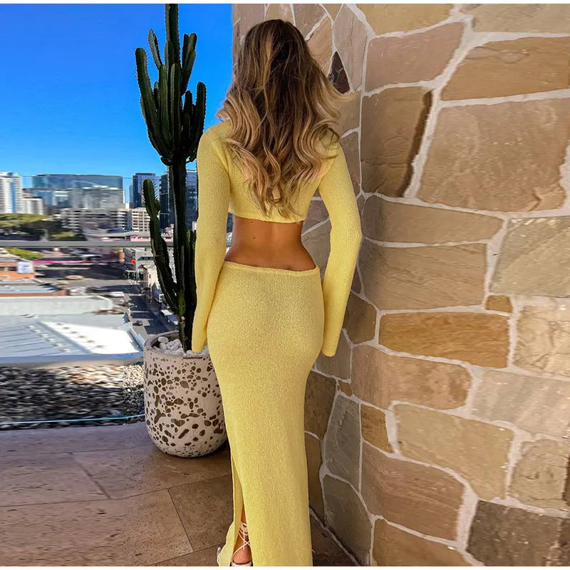 Knitted Hollow Out Solid O-neck Slit Maxi Dress Mssaz Desses