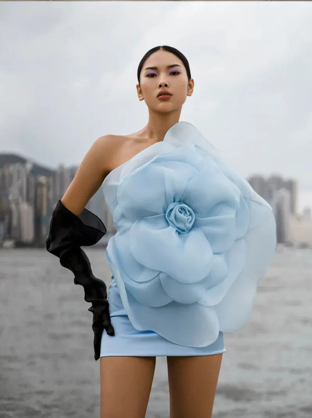 Oblique Shoulder Decorative Flower Solid Mini Dress Mssaz Desses