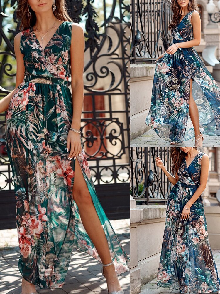 Chiffon Floral Print V-neck Sleeveless Beach Party Dress Mssaz Desses