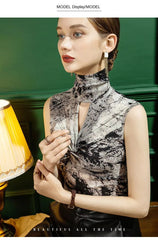 High-Neck Pattern Mesh Hollow Cross Bottoming Bright Silk Printed Sleeveless Top Mssza