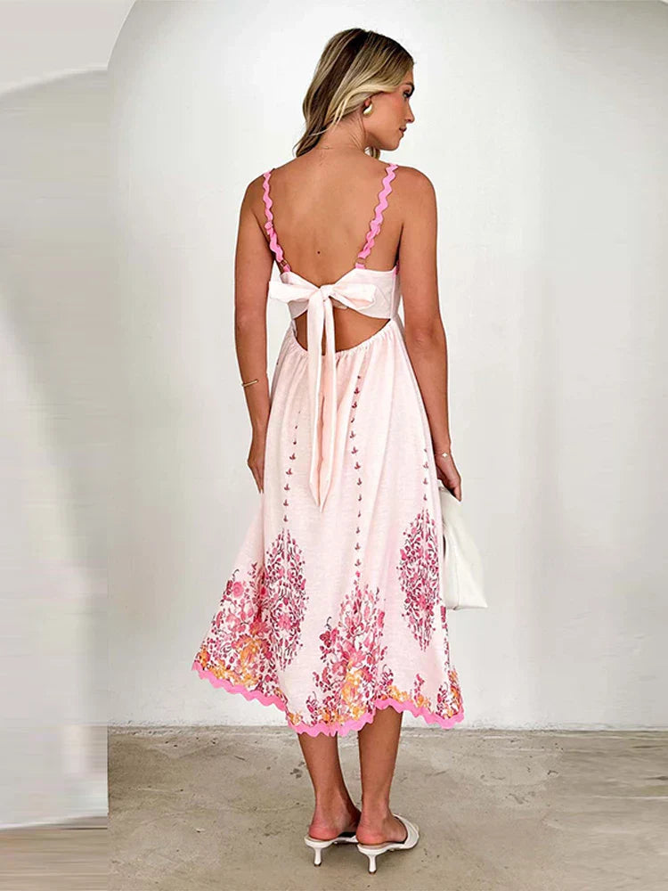 Square Collar Print Flower Sling Long Dress Mssaz Desses