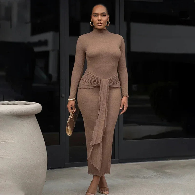 Long Sleeve Drape Turtleneck Maxi Dress Mssaz Desses