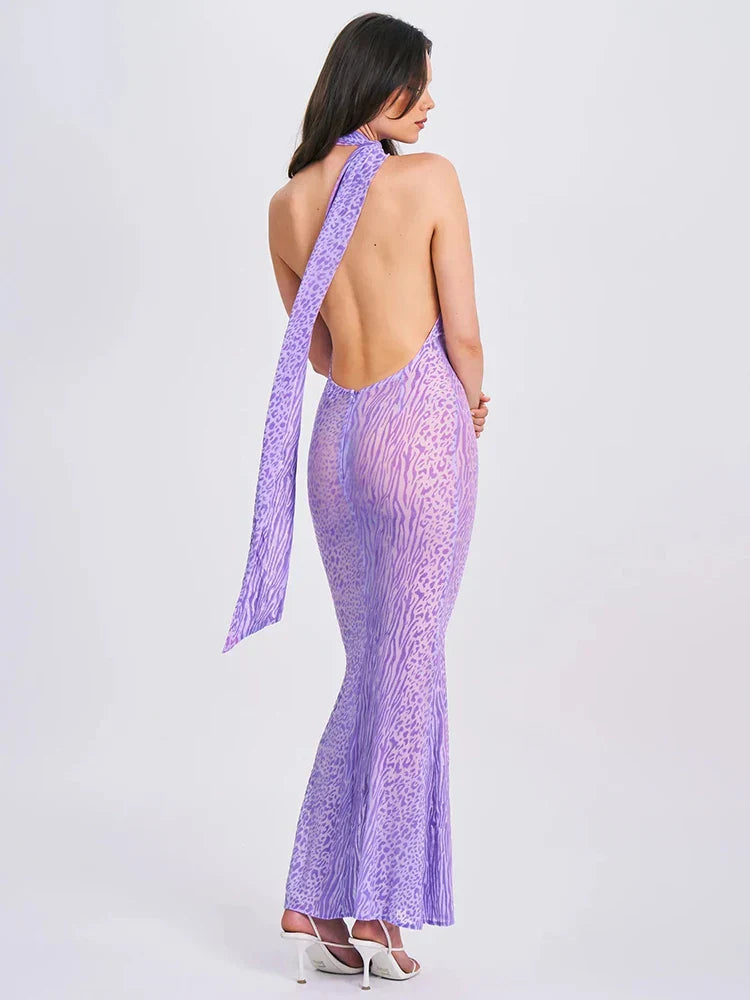 Purple Sheer Halter Draped Open Back Long Dress Mssaz Desses