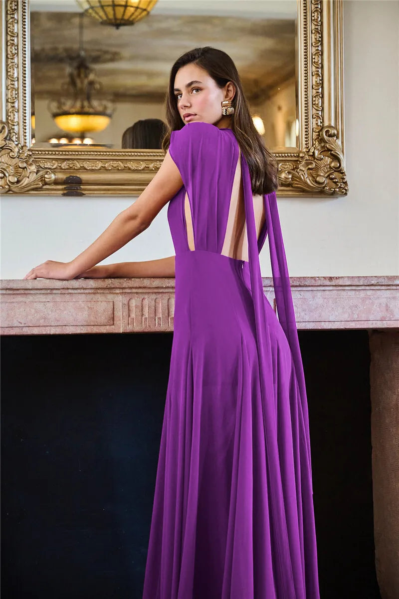 Deep V Purple Maxi Dress High Slit Mssaz Desses